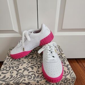 PUMA Cali Woman's  White Leather Sneakers with Hot Pink Sole